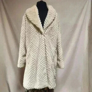 Cream Alpine Studio Medium Full Length Faux Fur‎ Coat Geometric Pattern Pockets